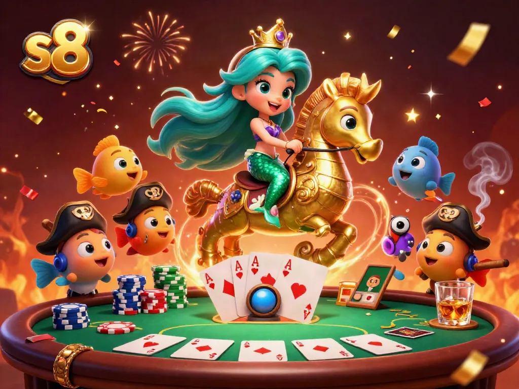 s8 illustrates a vibrant casino scene featuring a mermaid on a seahorse, surrounded by poker elements.