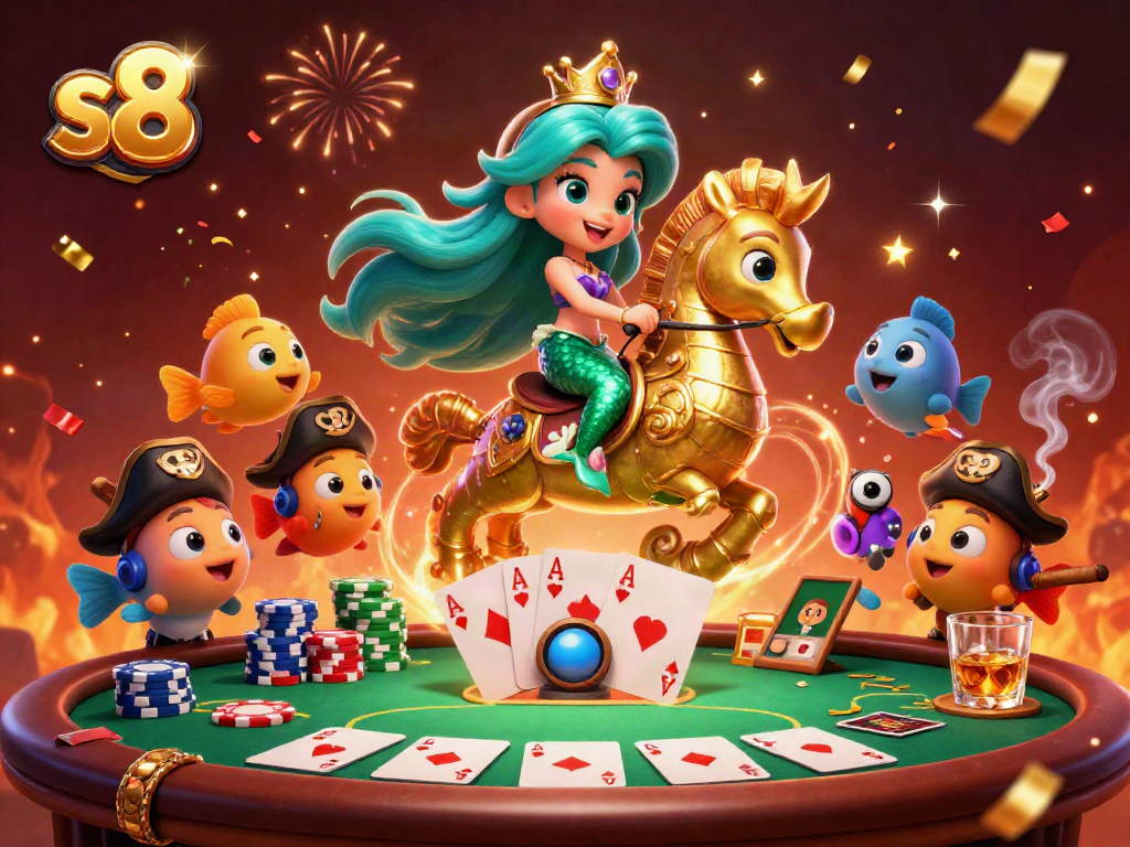 s8 illustrates a vibrant casino scene featuring a mermaid on a seahorse, surrounded by poker elements.
