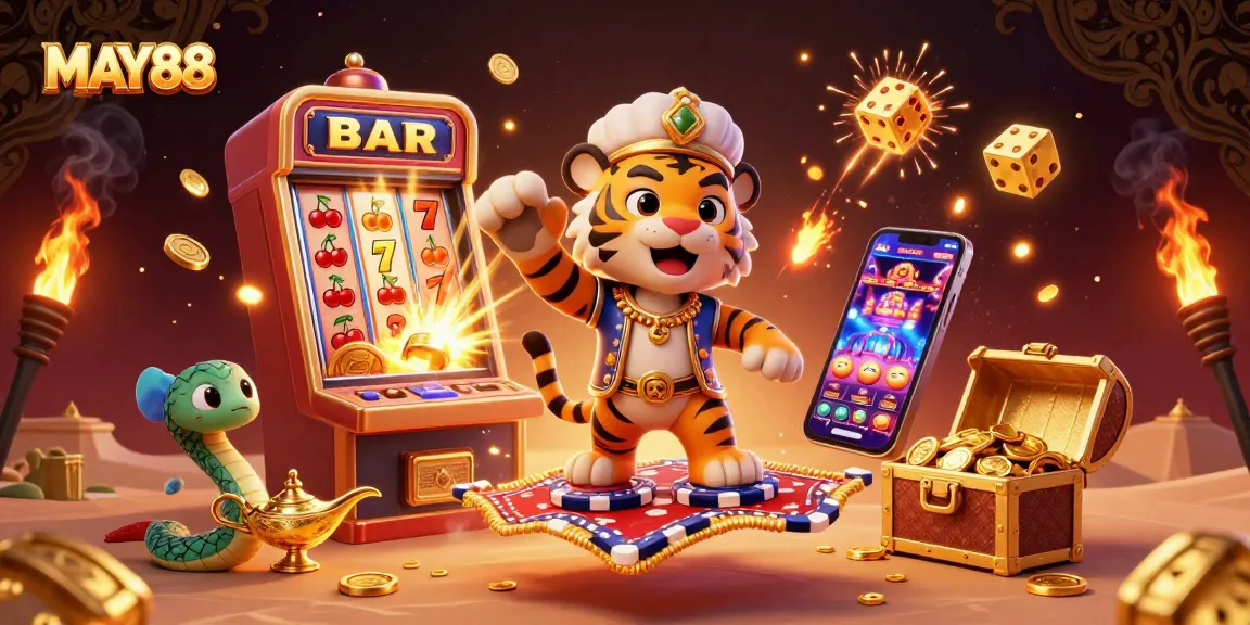 MAY88 engages players with a vibrant 3D scene of a tiger sultan surrounded by thrilling casino elements.