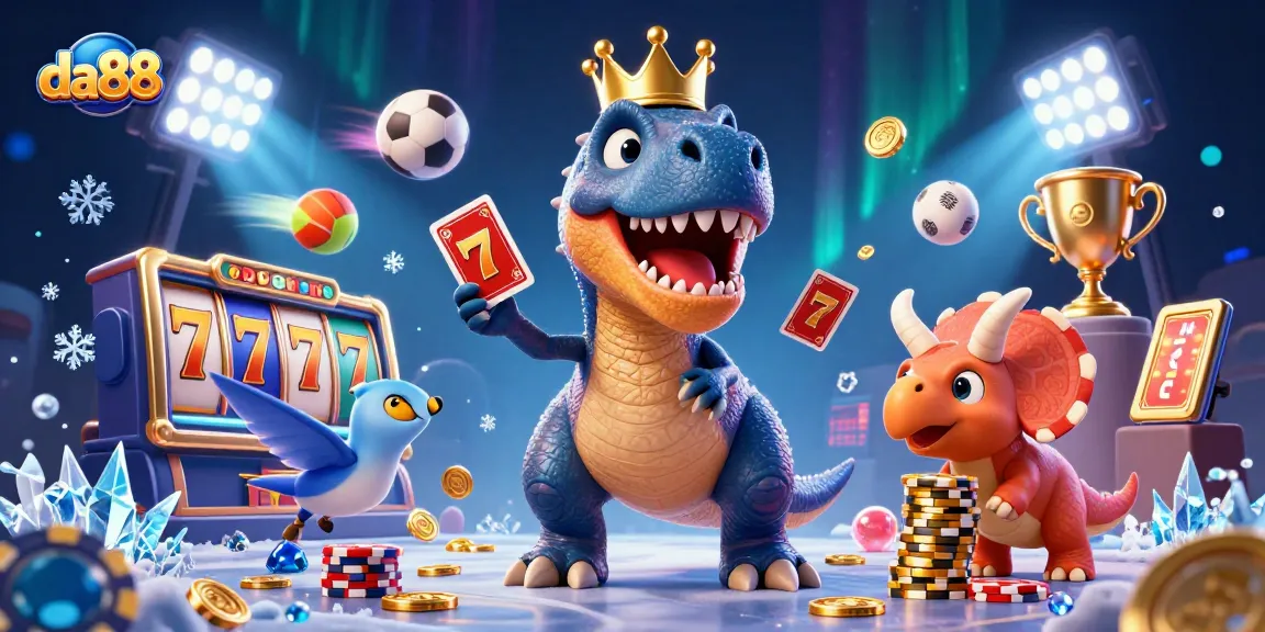 Join the fun at da88 with a friendly T-Rex shuffling cards and winning chips!
