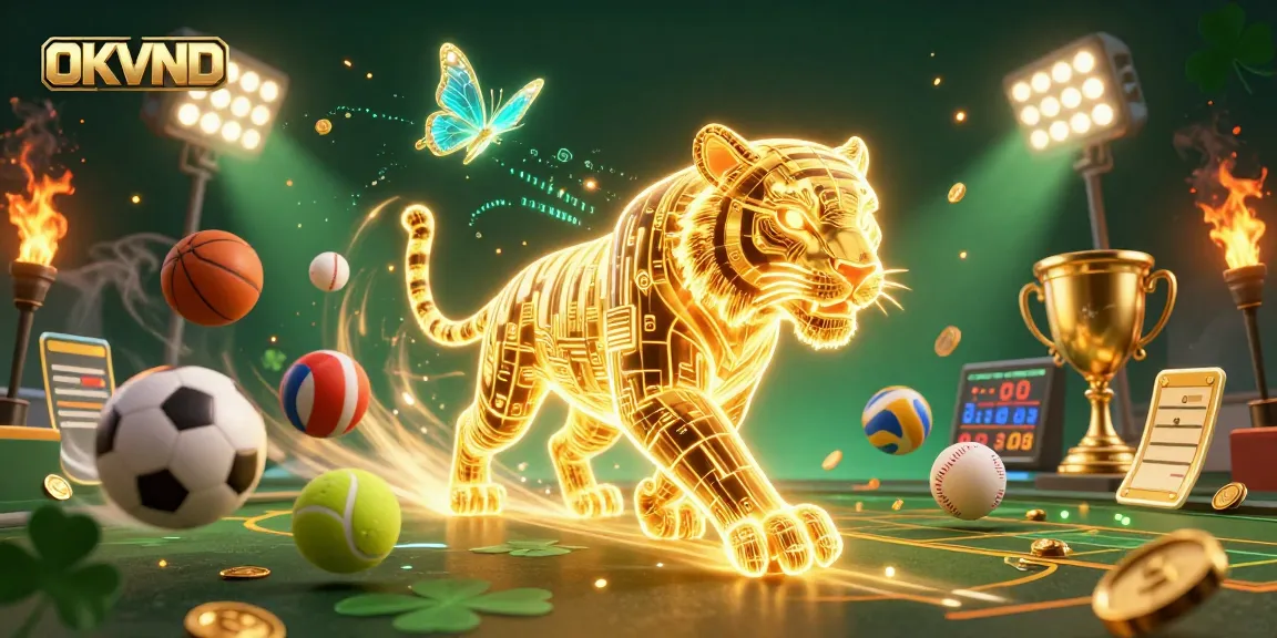 Experience thrilling gameplay with the OKVND digital casino featuring neon elements and sports betting.