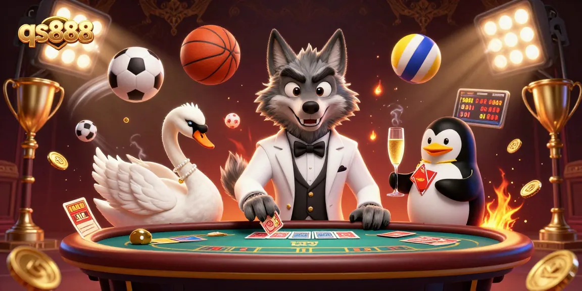 Experience thrilling gameplay at qs888 with a debonair wolf and elegant swan dealing cards at a baccarat table.