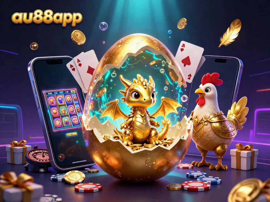 Win big with au88app's dazzling casino scene featuring golden dragon, poker chips, and dynamic gaming elements.