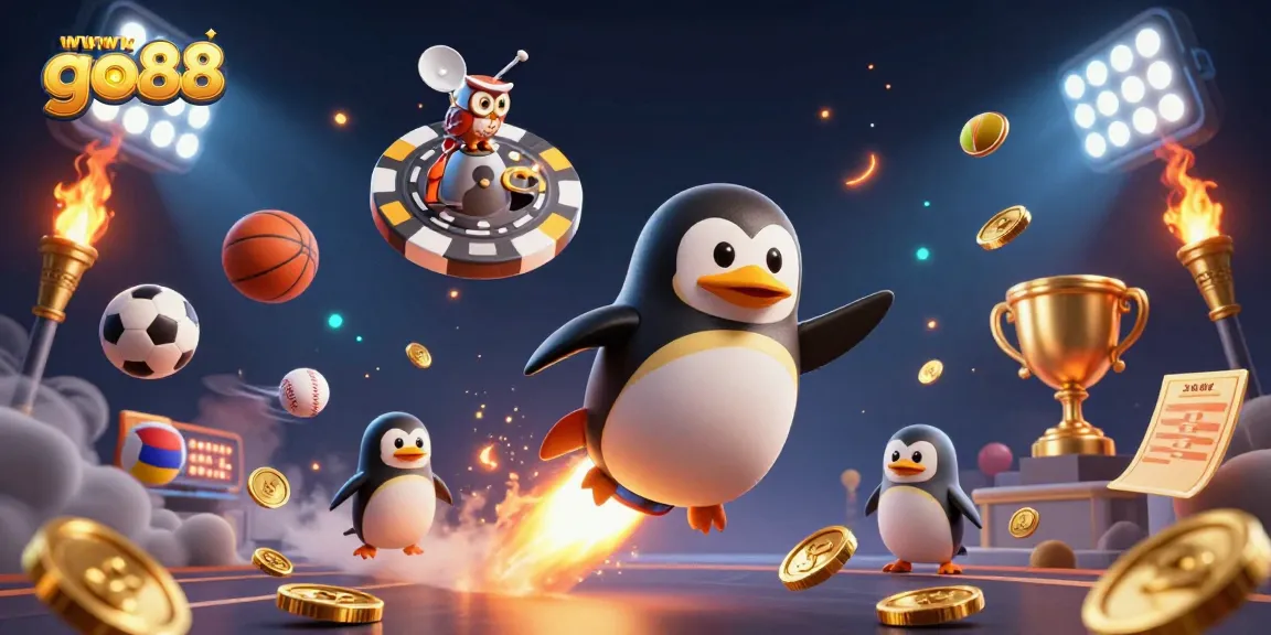Experience thrilling gaming with wwwgo88, featuring a golden penguin rocket and vibrant sports elements.