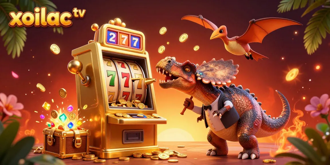 Xoilac TV engages viewers with a thrilling jackpot scene featuring cartoon dinosaurs and dynamic casino elements.