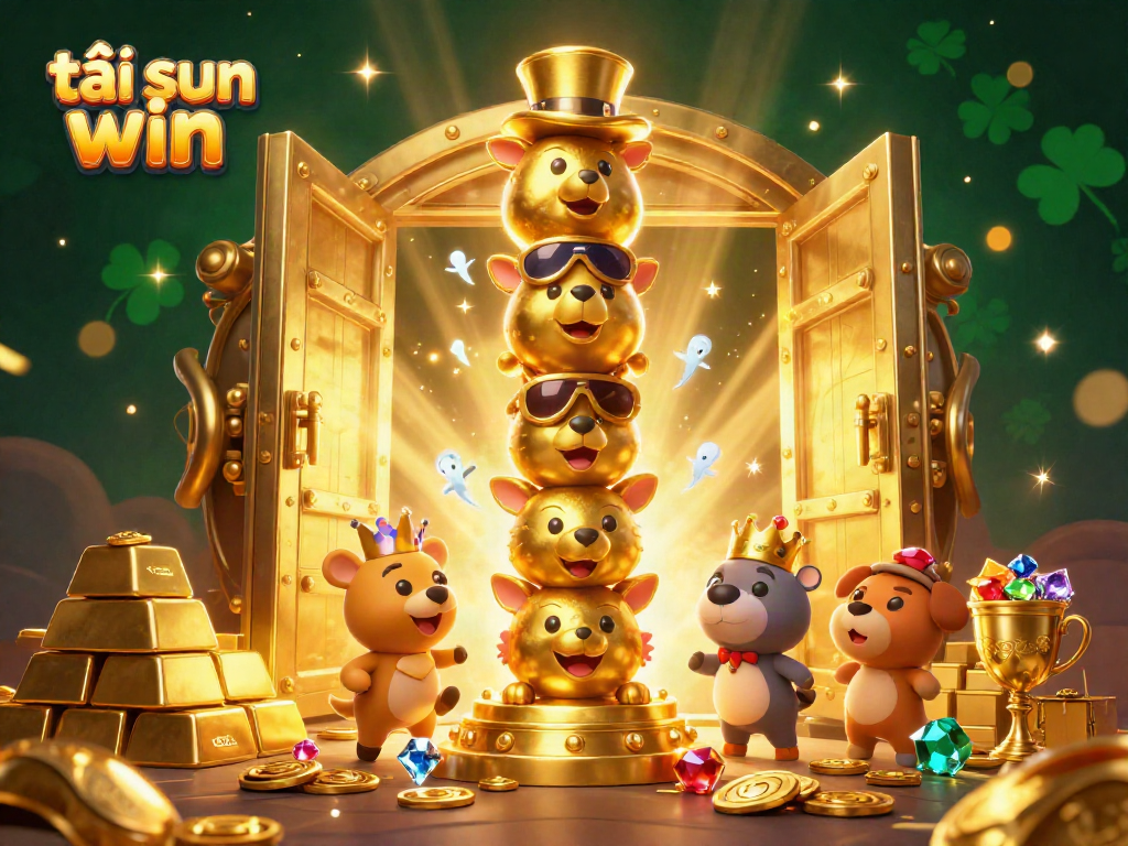 Catch the excitement of tải sun win as vibrant cartoon characters celebrate around golden treasures in a dynamic casino scene.