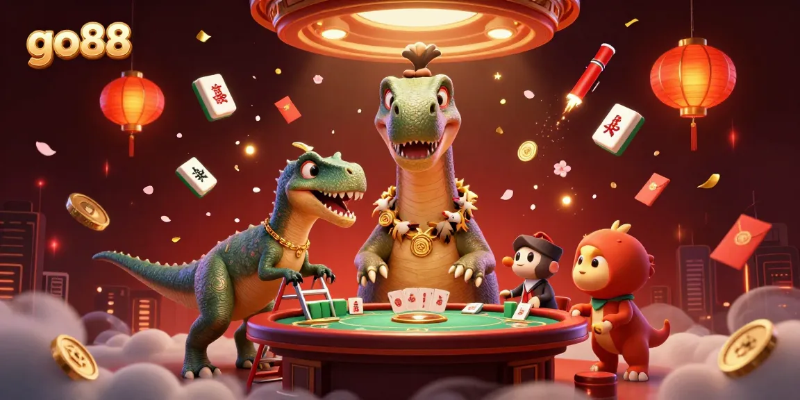 Join the fun at go88 with a vibrant casino scene featuring a giant brontosaurus overseeing a poker game.