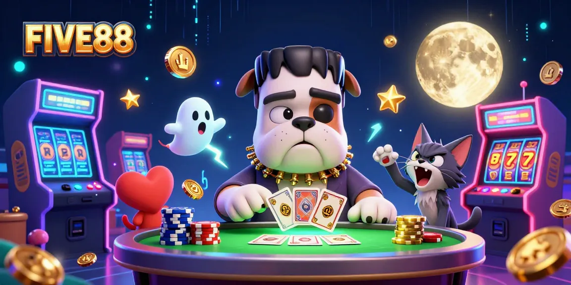 Engage in interactive gaming at FIVE88's vibrant casino scene with a Frankenstein bulldog dealer.