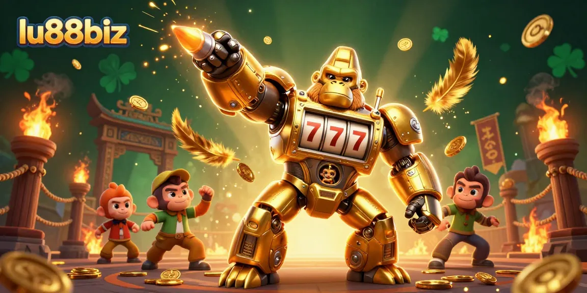 Experience high-stakes action at lu88biz with a captivating 3D illustration of a golden gorilla mech.