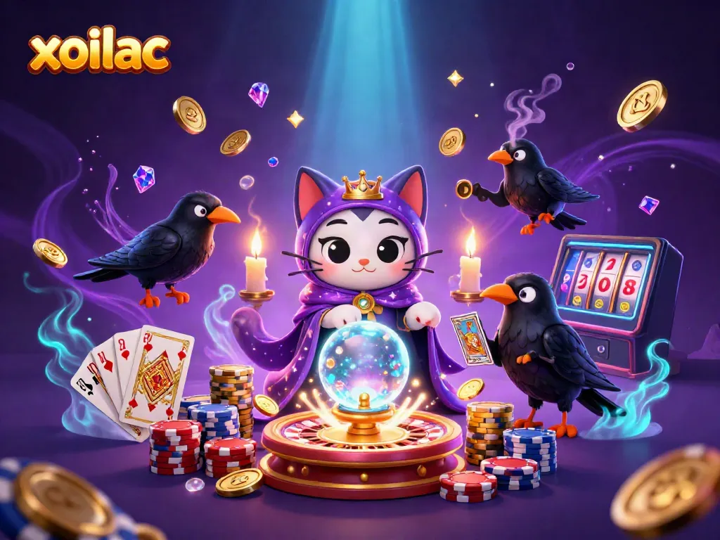 Xoilac features a mystical scene where a fortune teller cat and raven engage in gambling, surrounded by lively casino elements.