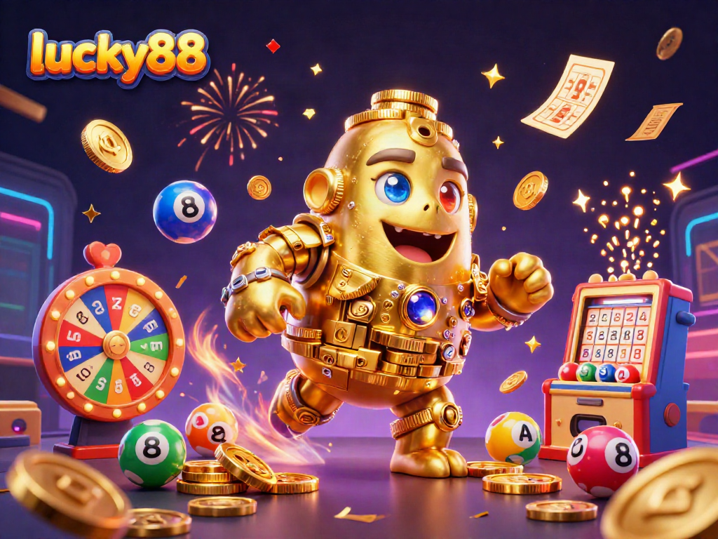 Spin the reels with lucky88 featuring dynamic lottery elements and a dazzling golden golem.
