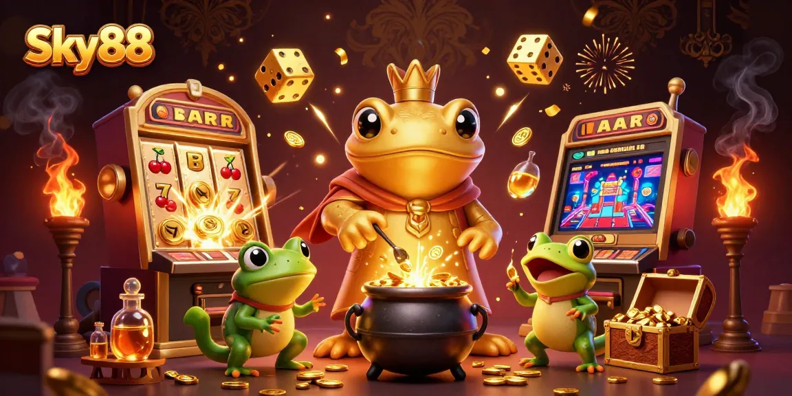 Sky88 slots experience with dynamic golden alchemist scene, bursting jackpots, and thrilling casino action.