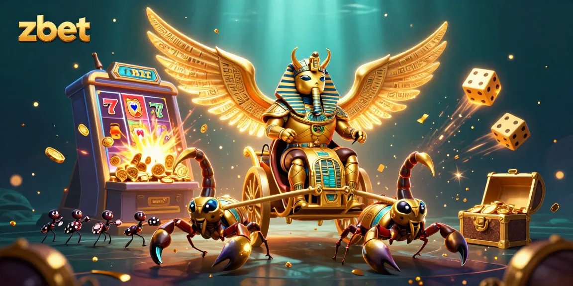ZBET showcases colossal scarab beetle riding a chariot amidst a vibrant casino-themed explosion.