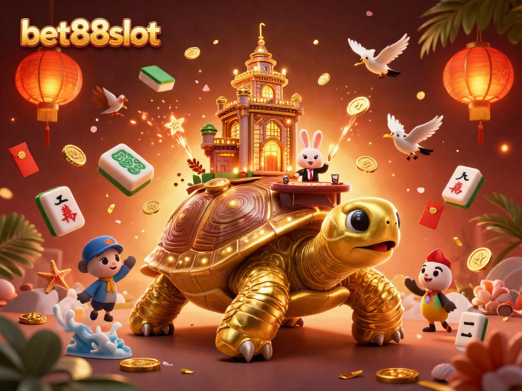 Experience thrilling gameplay at bet88slot with a giant tortoise casino, rabbit dealer, and floating game elements.