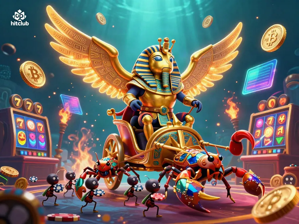 Engage with hitclub's thrilling casino games featuring a colossal golden scarab beetle and scorpion chariot.
