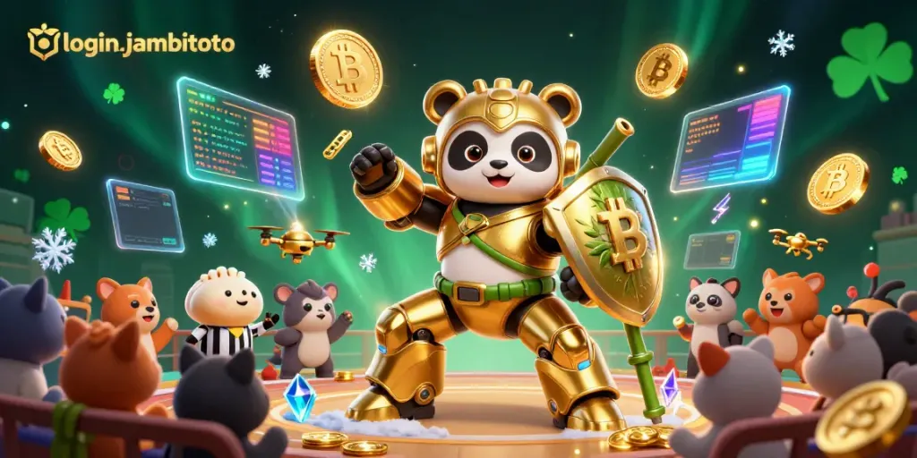 Experience the excitement of login jambitoto with a vibrant 3D gaming scene showcasing dynamic characters and crypto elements.