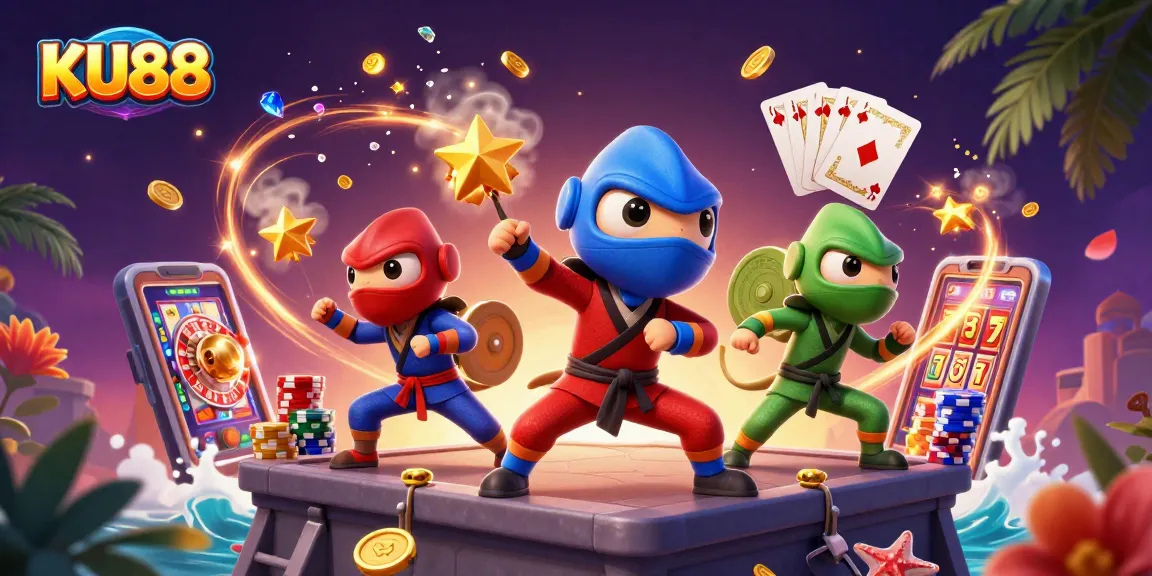 Experience the thrill of KU88 with a vibrant casino scene featuring chameleons and dynamic game elements.