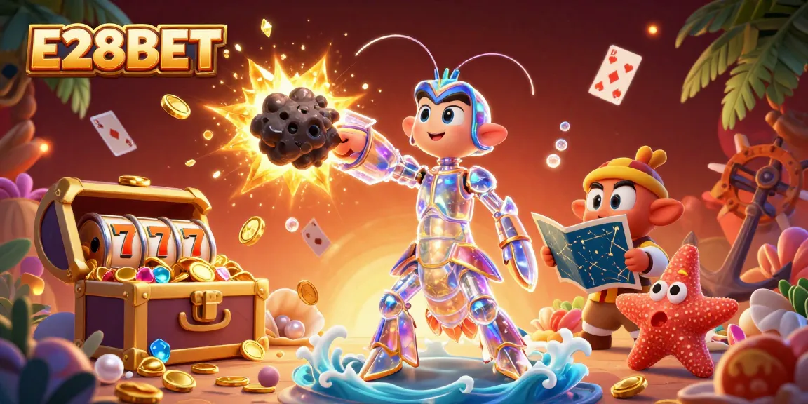E28BET presents thrilling gambling with a colorful game scene bursting with coins and casino elements.