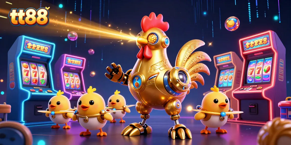 Engage with tt88's vibrant slot-themed scene featuring a golden rooster robot and baby chick drones.