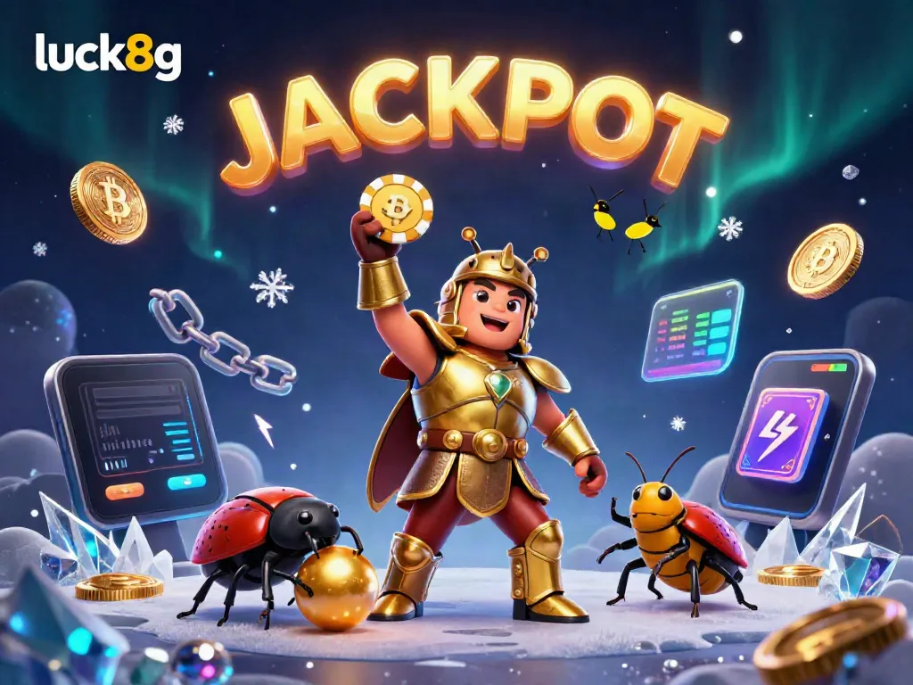 Experience the excitement of luck8g with a heroic beetle lifting a poker chip amidst a vibrant casino scene.