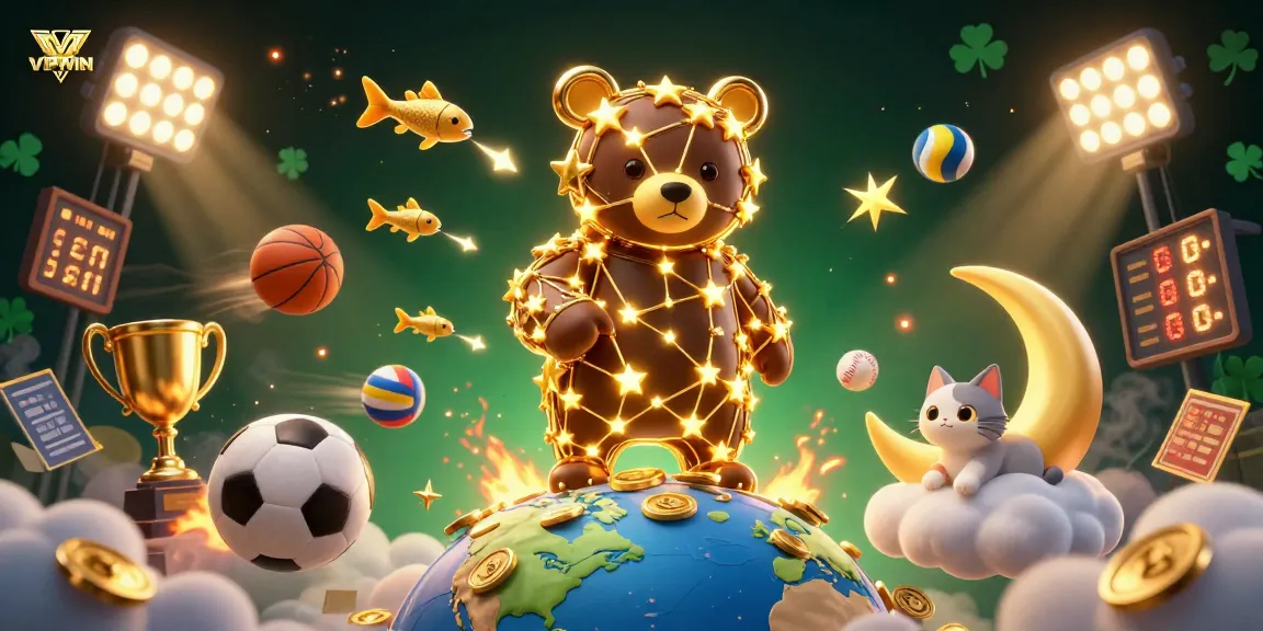 Experience VIPWIN casino magic with a constellation bear scooping winnings while enjoying vibrant sports elements.