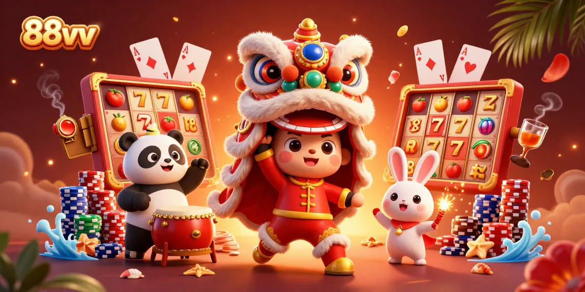 Engage in thrilling 88vv slot games with vibrant characters and dynamic banners.