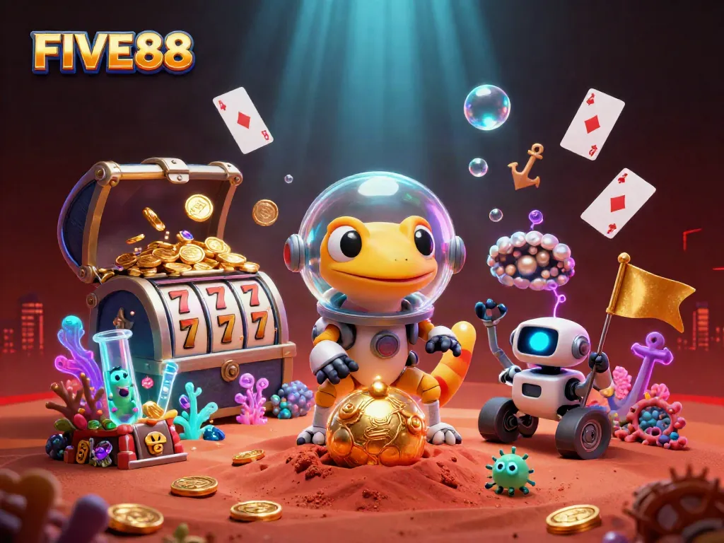 Engage in thrilling action with the FIVE88 Martian gecko uncovering a hidden casino treasure.