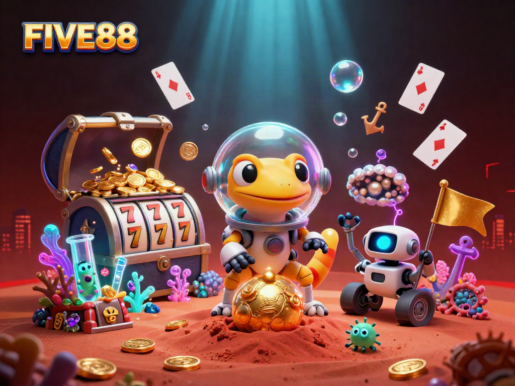 Engage in thrilling action with the FIVE88 Martian gecko uncovering a hidden casino treasure.