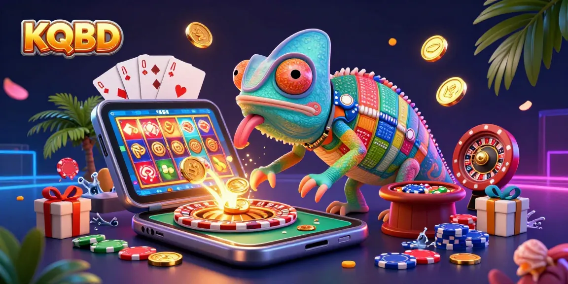 KQBD showcases a vibrant, 3D cartoon chameleon casino owner amidst an exciting gambling scene with slot games and vibrant poker chips.