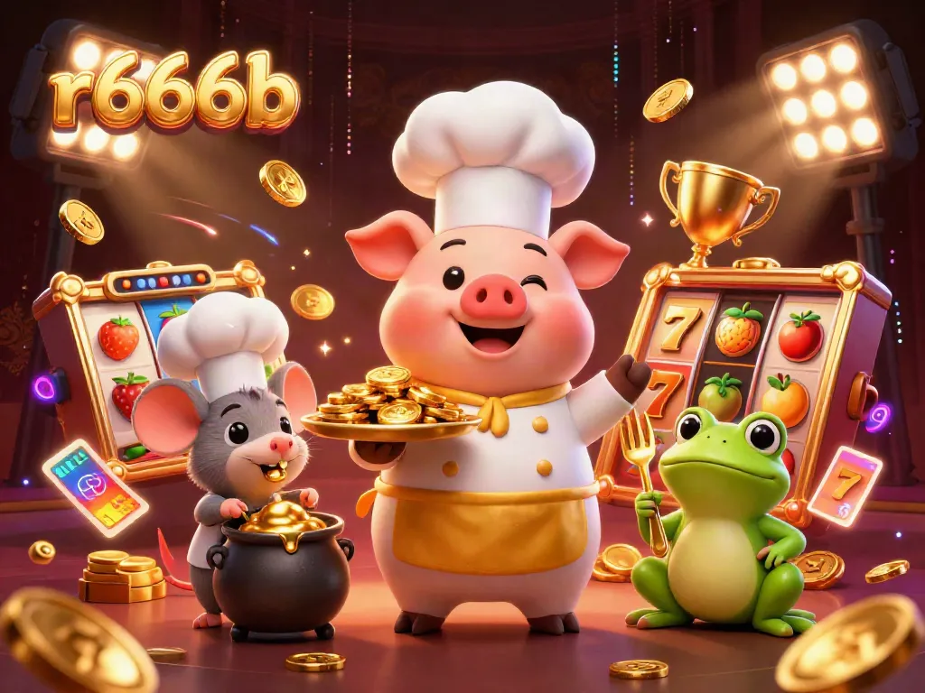 Experience jackpot excitement at r666b with vibrant characters serving gold and dynamic slot elements.