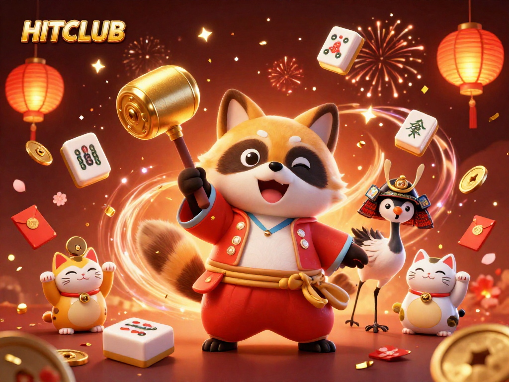 Engage with HITCLUB's vibrant 3D illustration featuring a lucky tanuki and colorful maneki-neko in a lively casino scene.
