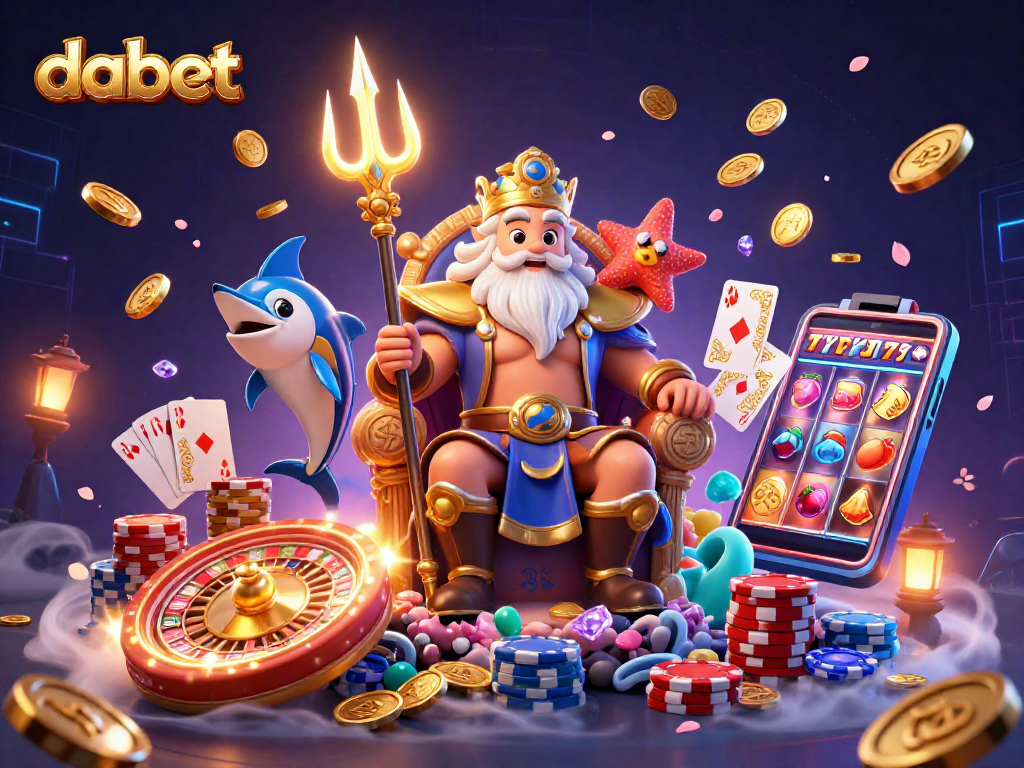 Play at dabet with a vibrant scene featuring Neptune and a roulette wheel amidst dazzling game elements.