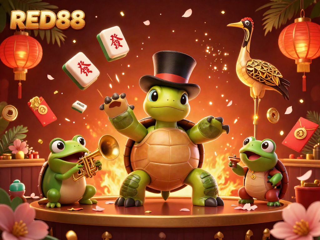 Experience the excitement of RED88 with lively characters and vibrant gaming elements in a fun casino illustration.