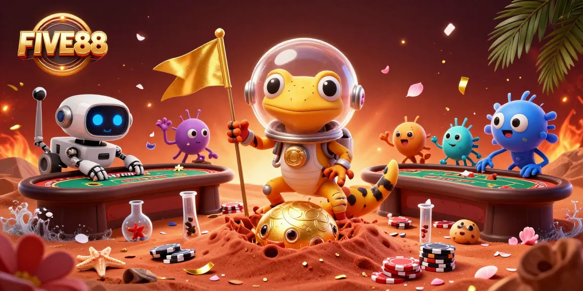Experience excitement at FIVE88 Casino with a Martian gecko exploring a vibrant gaming scene.