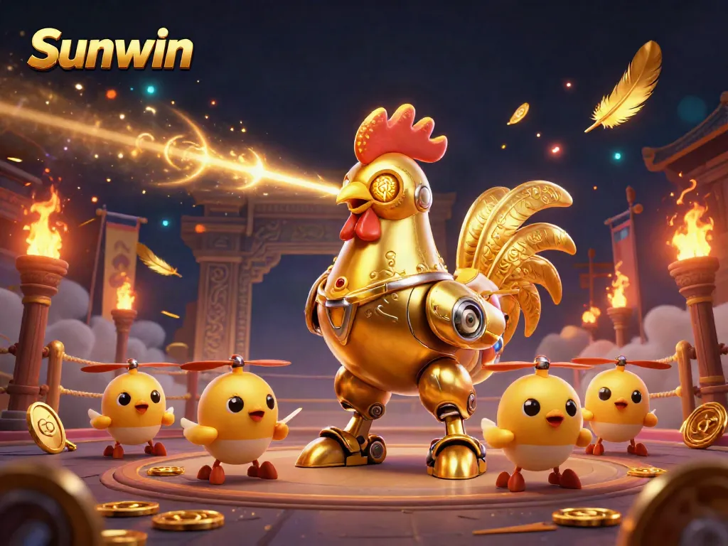 Experience the excitement of Sunwin with a golden rooster robot and baby chick drones in an engaging casino environment.