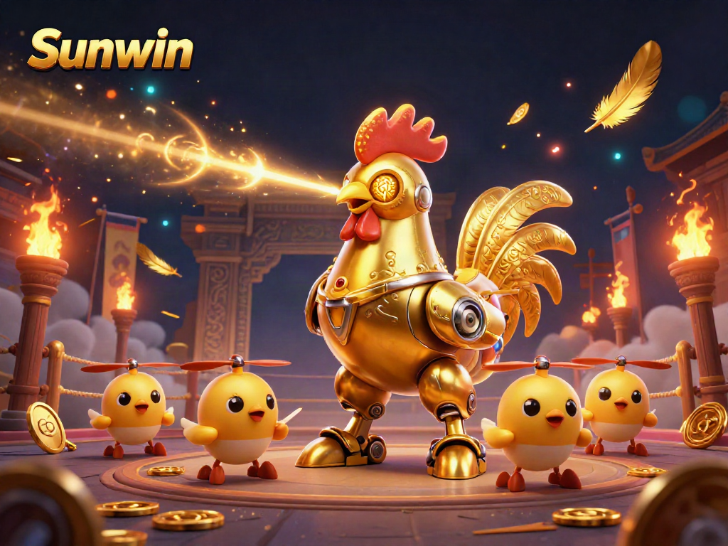 Experience the excitement of Sunwin with a golden rooster robot and baby chick drones in an engaging casino environment.
