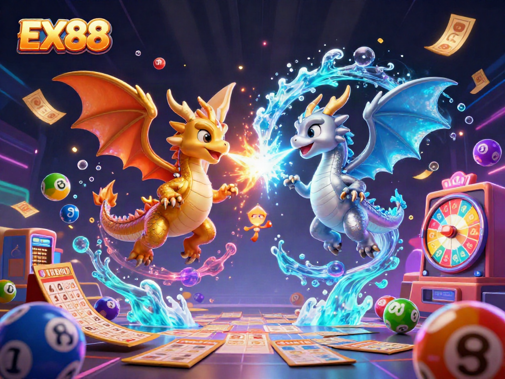 Play with EX88 in a vibrant casino scene featuring golden and silver dragons amidst lottery elements.
