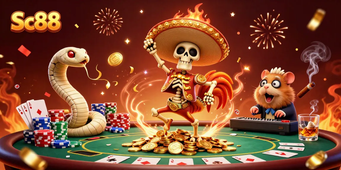 Experience thrilling gaming at Sc88 with lively cartoon characters celebrating in a casino.