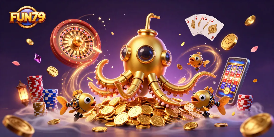 Experience exhilarating wins at FUN79's immersive casino with a golden kraken submarine and mechanical fish.