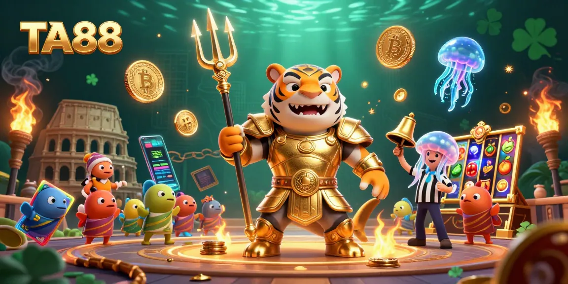 TA88 casino illustration showing a fierce tiger shark in gladiator armor with Bitcoin and Ethereum coins.