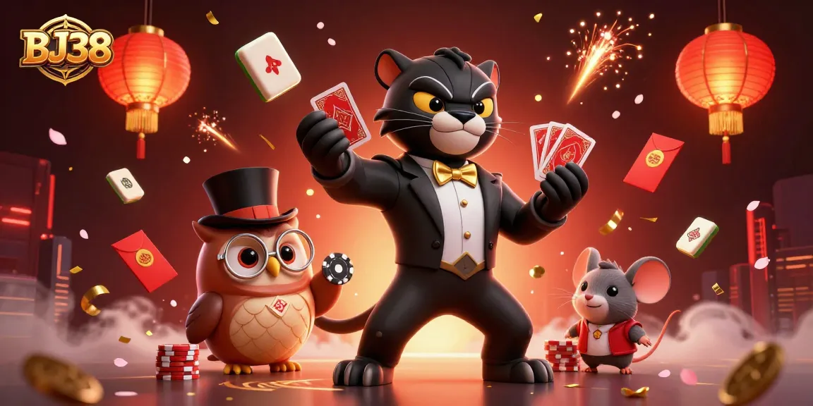 Experience the excitement of BJ38 with stylish characters in a vibrant casino-themed scene.