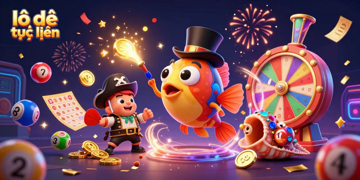 Engage with lô đề trực tuyến as the cartoon anglerfish attracts golden coins amidst colorful lottery elements.