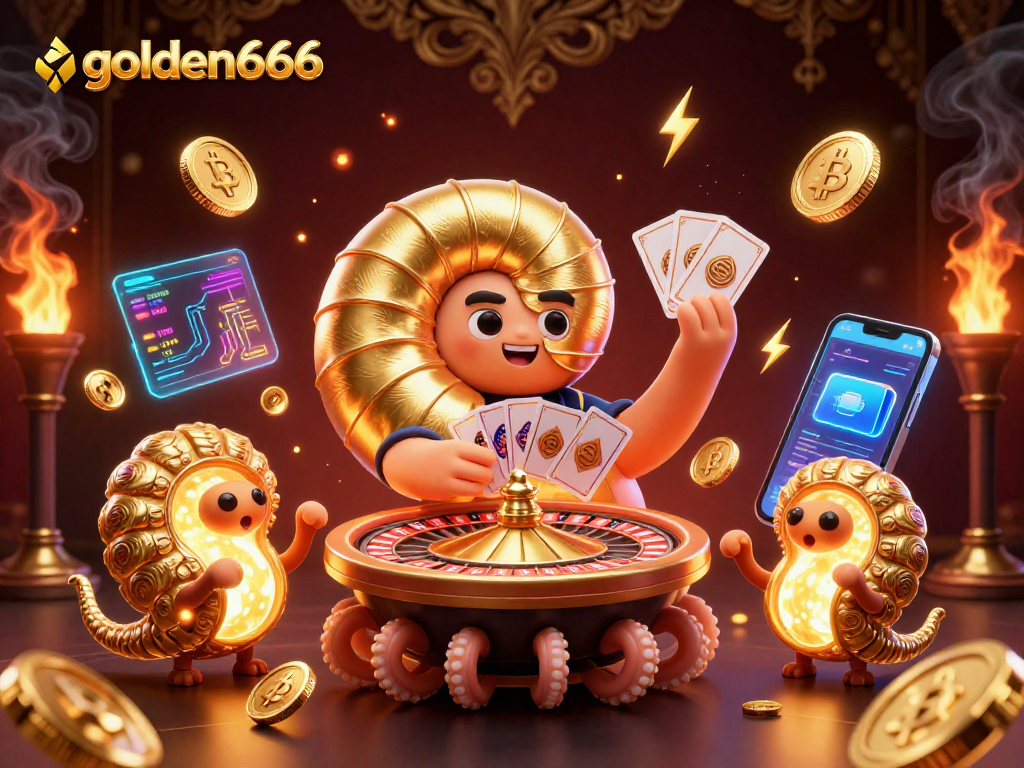 Engage with golden666's thrilling crypto-casino world featuring a joyful nautilus and glowing elements.