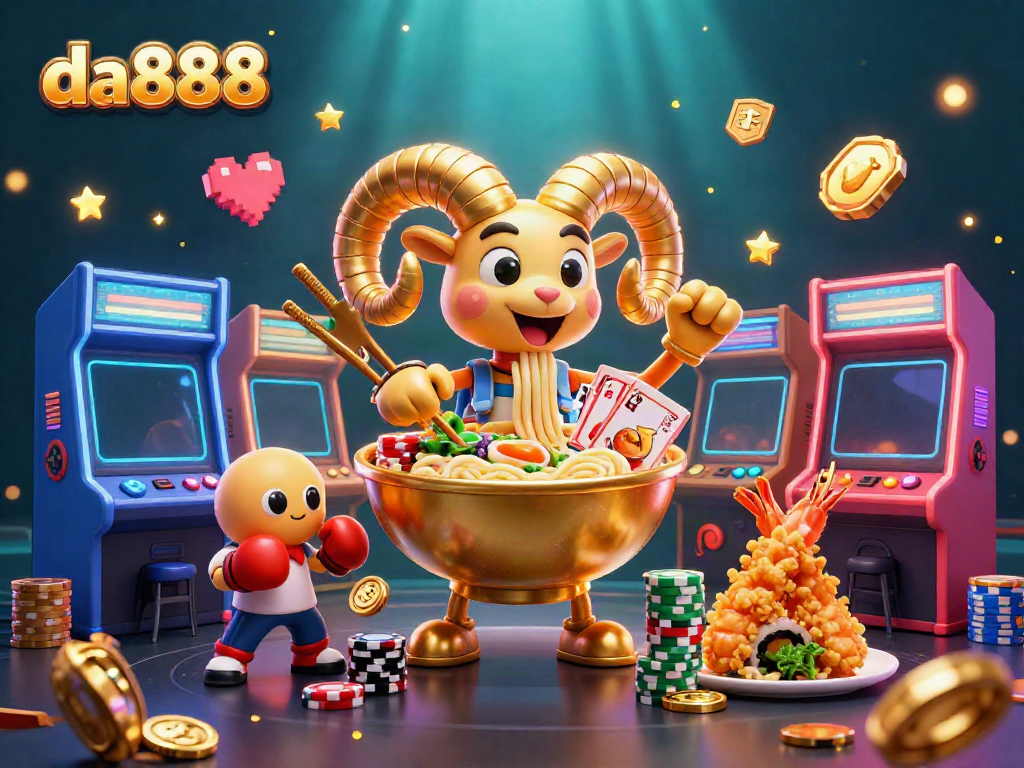 Engaging scene of da888 with a 3D ramen bowl character and casino elements vibrant in action.