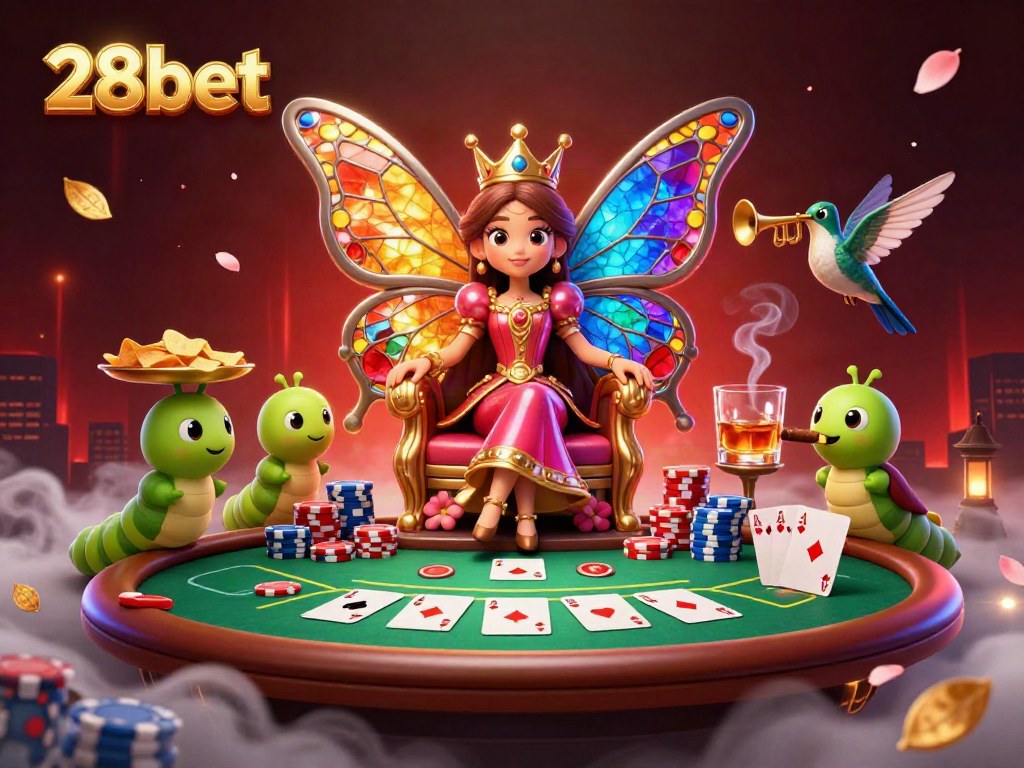 Engage with 28bet's vibrant casino scene featuring a butterfly queen presiding over an exhilarating poker game.