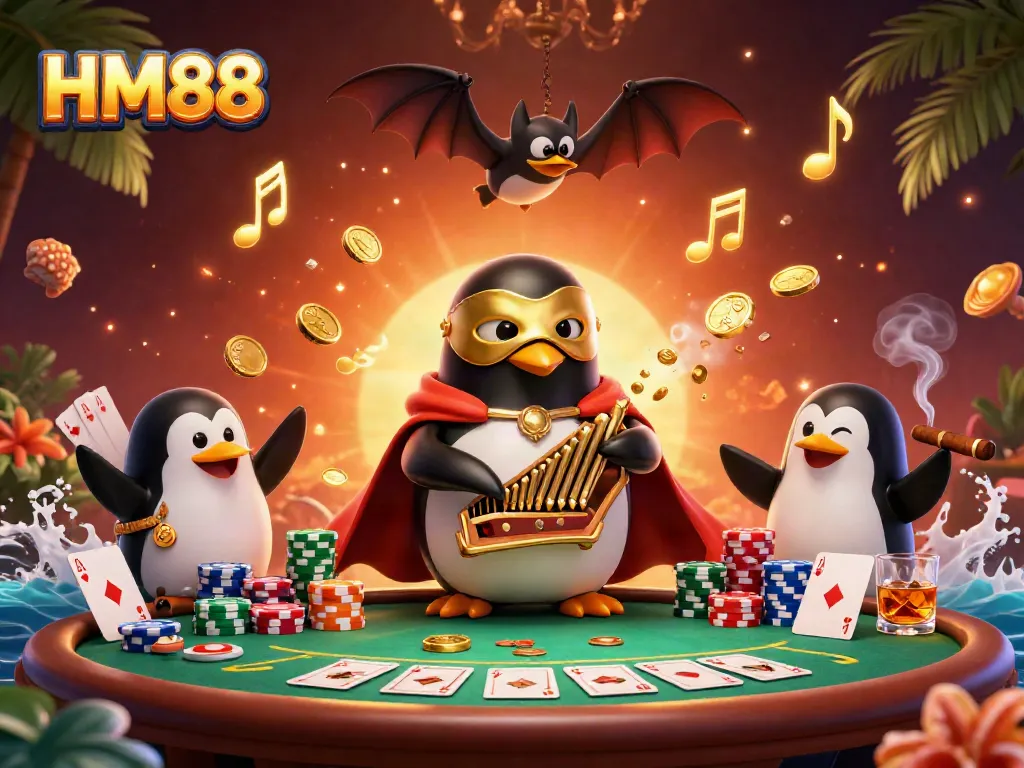 Experience the excitement of HM88 with a dynamic 3D scene featuring a penguin playing an organ and shooting coins, surrounded by poker elements.