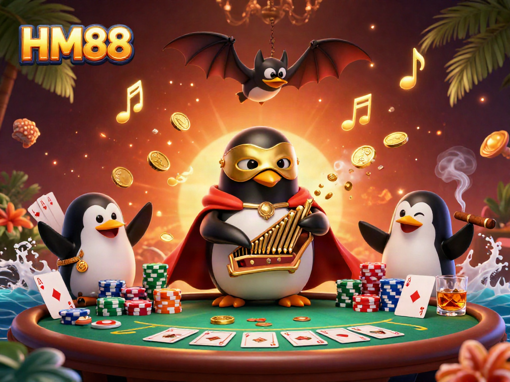 Experience the excitement of HM88 with a dynamic 3D scene featuring a penguin playing an organ and shooting coins, surrounded by poker elements.