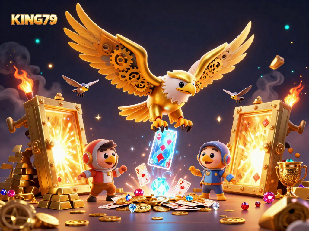 KING79 showcases a dynamic 3D illustration of a golden eagle amid dazzling casino treasures and holographic cards.