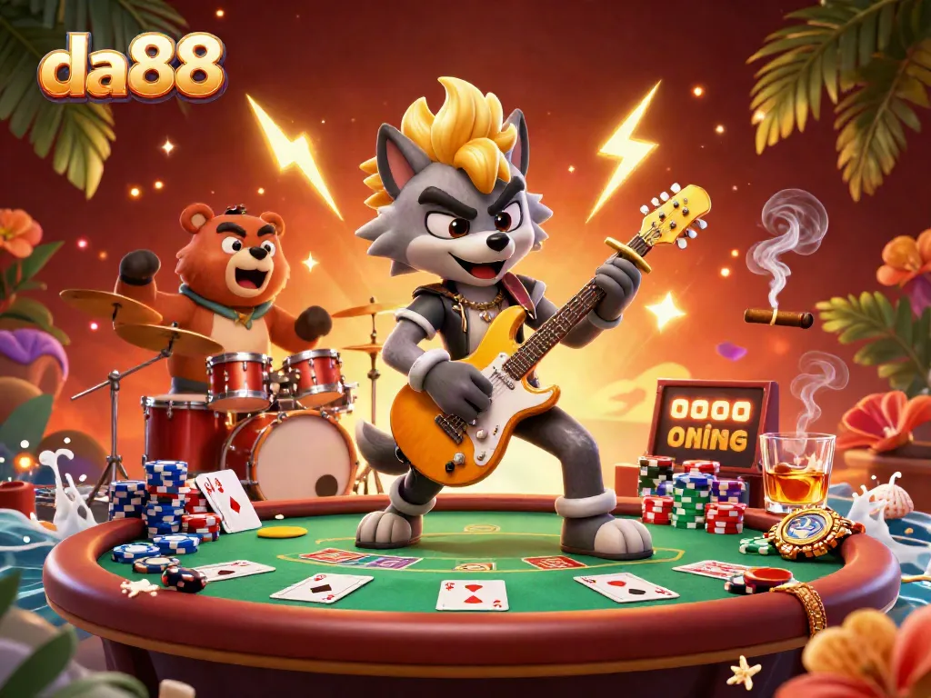 Experience excitement at da88 with a cartoon rock star wolf and a drummer bear jamming on stage amidst vibrant poker elements.