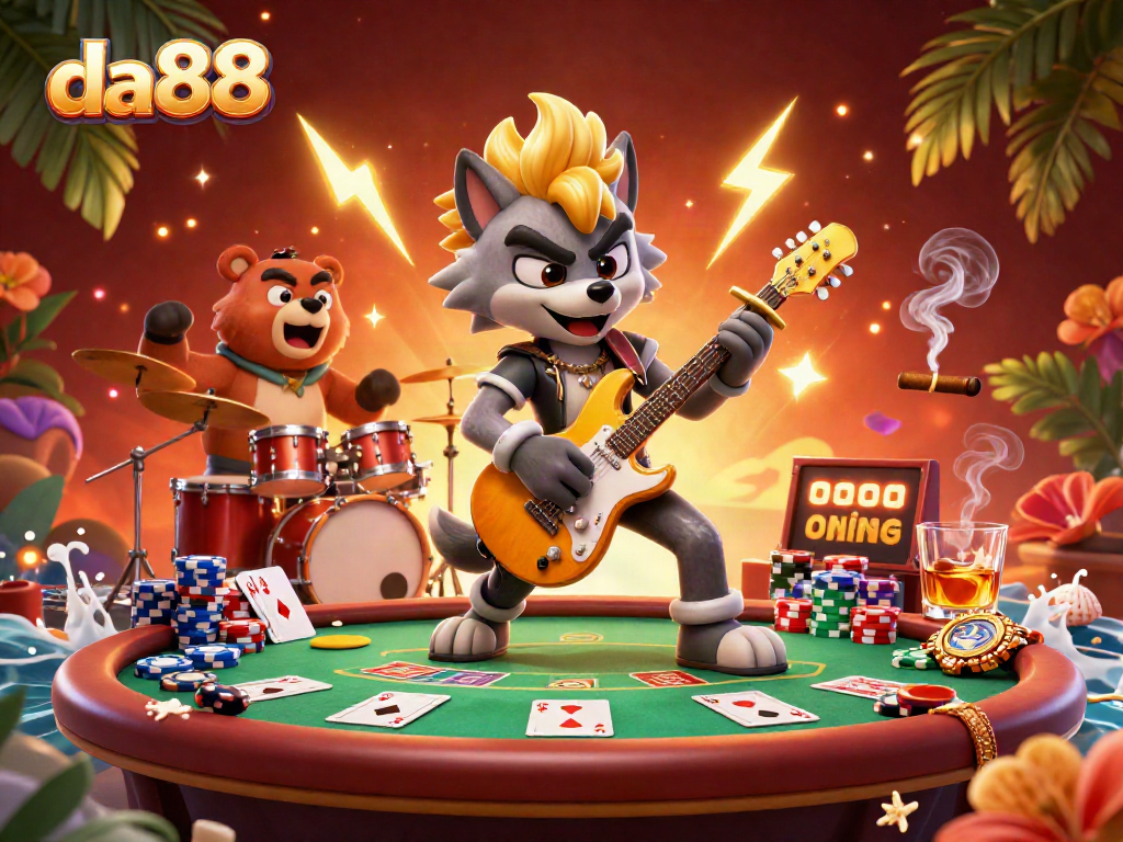 Experience excitement at da88 with a cartoon rock star wolf and a drummer bear jamming on stage amidst vibrant poker elements.
